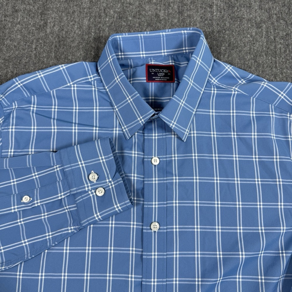 UNTUCKit Garrett Men's Large Slim Fit Blue Plaid Long Sleeve Button Up Shirt